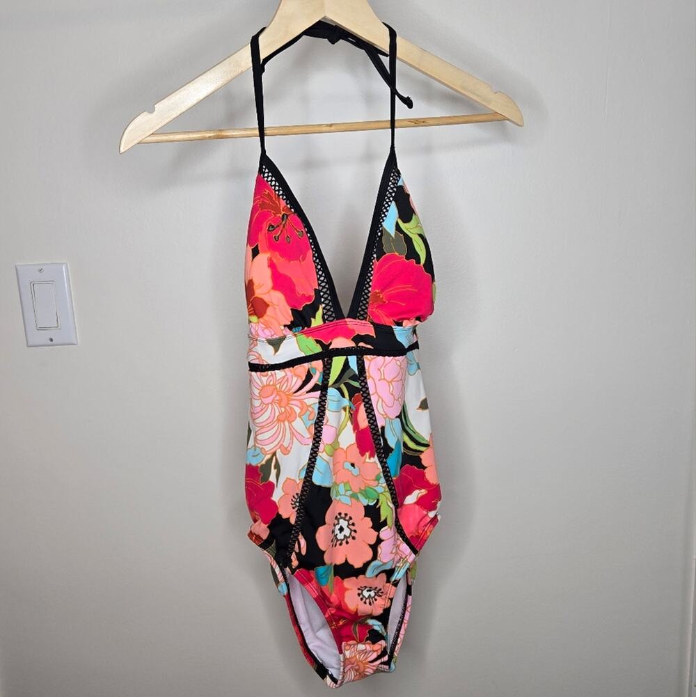 TIME and TRU Floral Halter Neck Tie One-Piece Swimsuit Size M 8-10